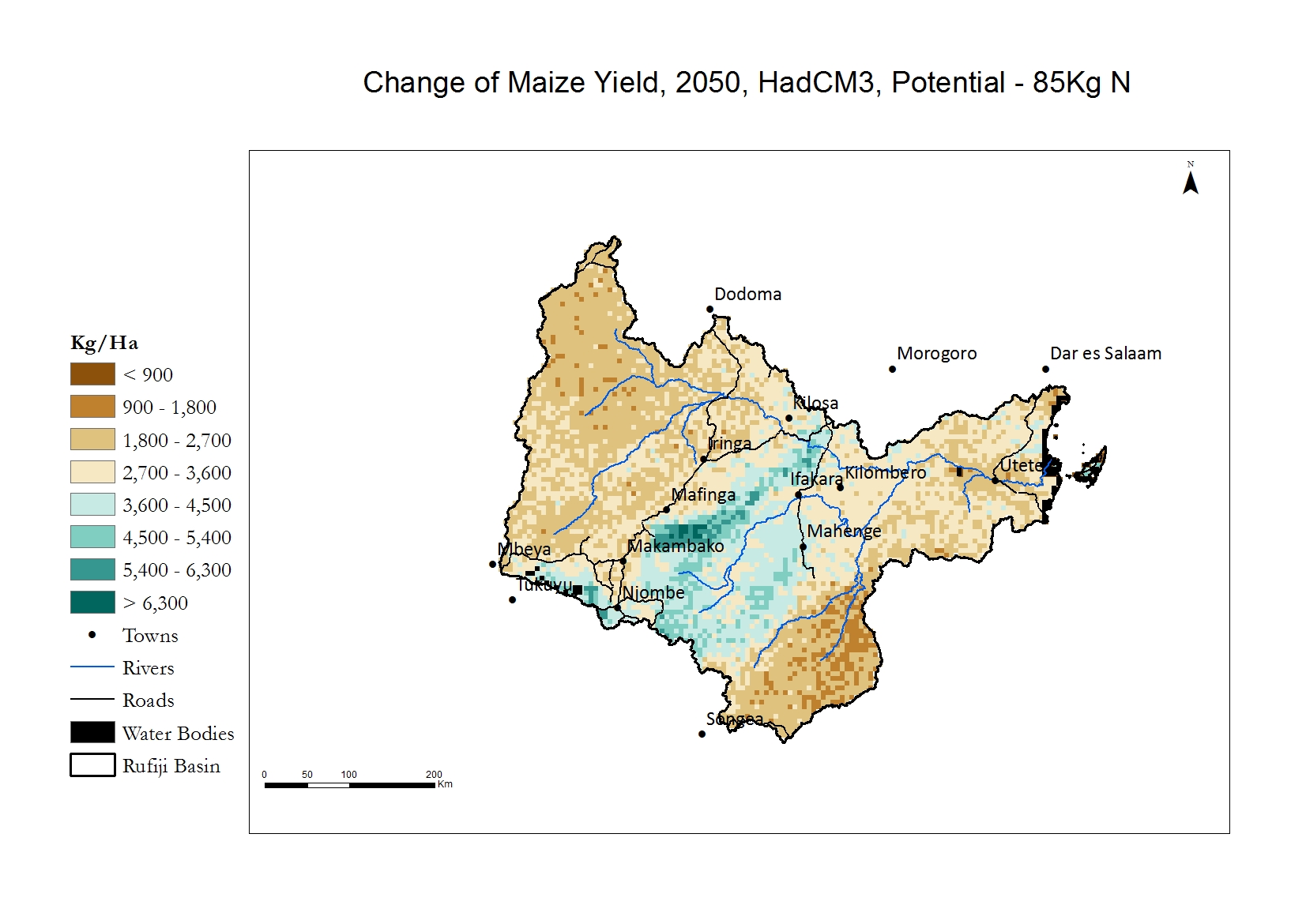 Future difference in yield (future rainfed - future potential/irrigated)